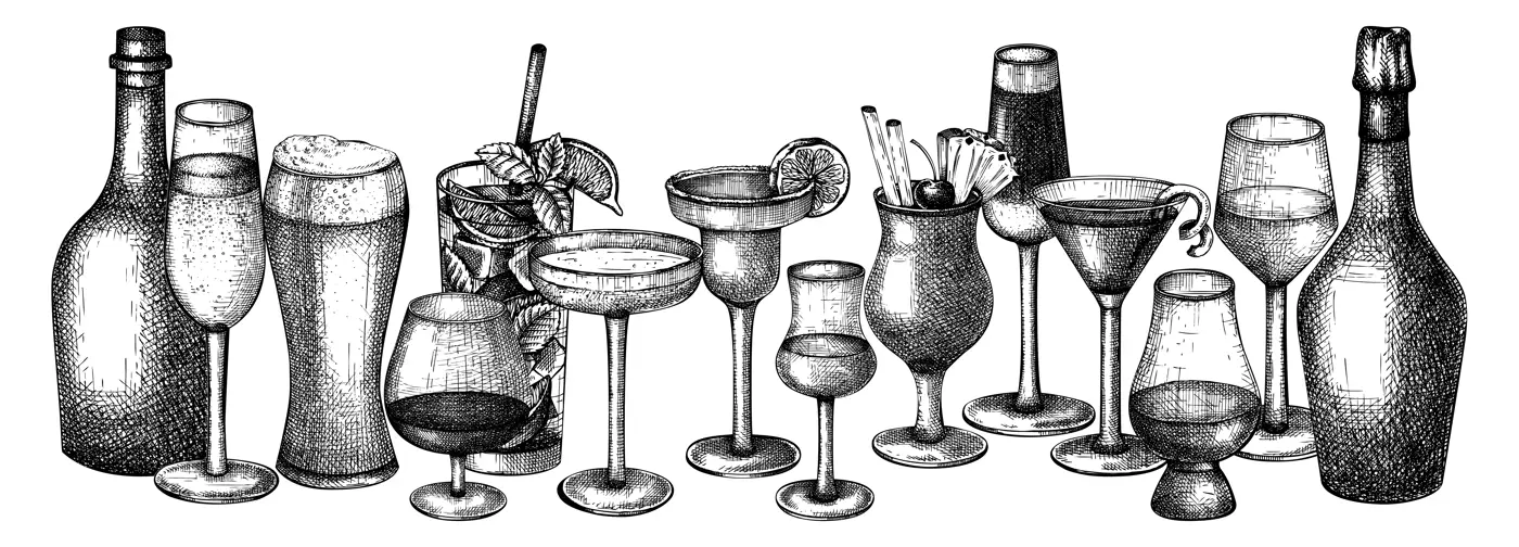 Bar banner or menu design with hand-sketched glasses and bottles. Vector sketches of alcoholic drinks and cocktails. Popular alcohol beverages hand-drawings for bar or restaurant branding. Illustration